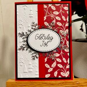 Red Christmas Card with Silver Snowflake and “Gleðileg jól”